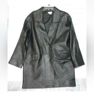 Retro Tribeca Studio Women's Large Black Leather Mid Length Calf Coat